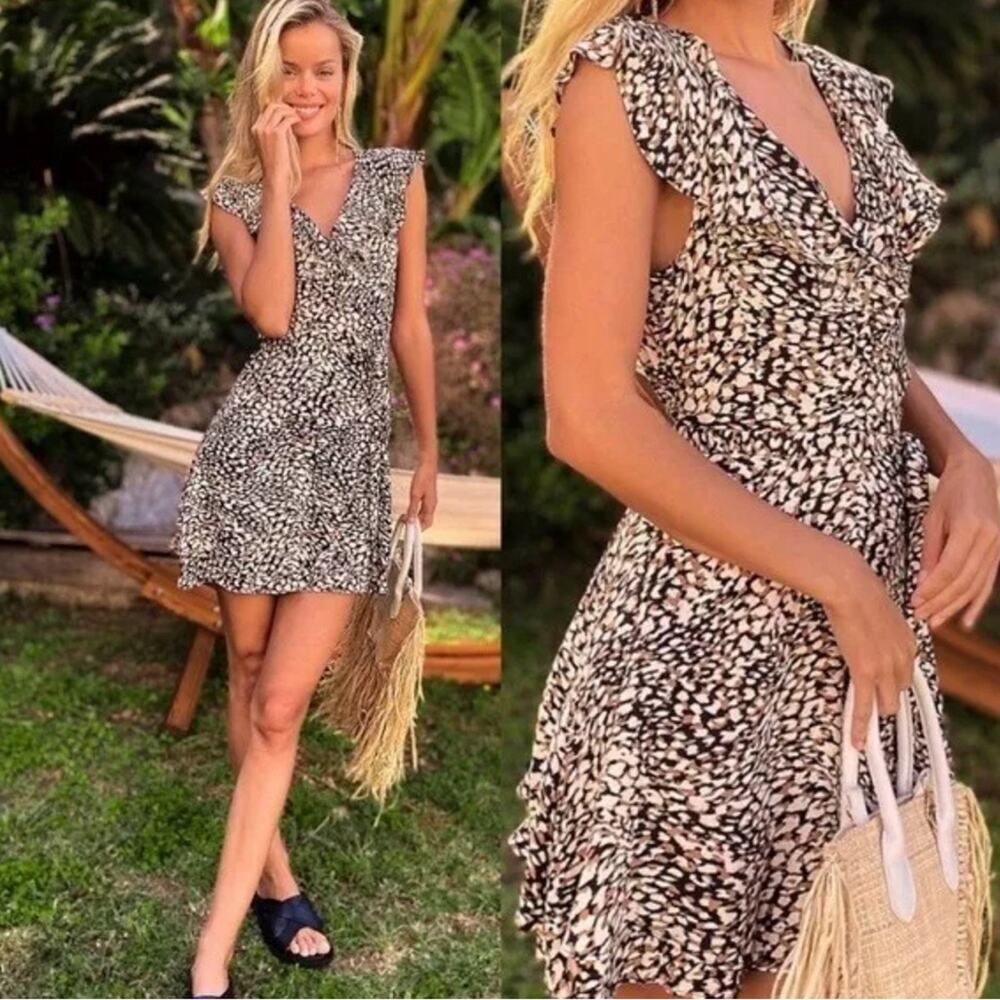 Free People French Quarter Printed Mini Wrap Dress Boho Ruffle Animal Print XS